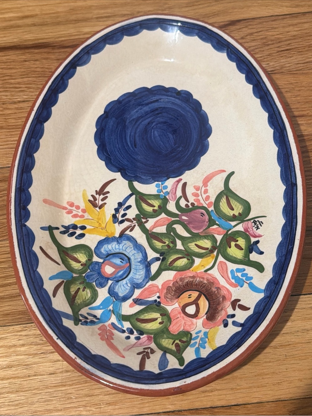 Vintage São Pedro do Corval Hand Painted Floral Terracotta Plate Signed 10.5”
